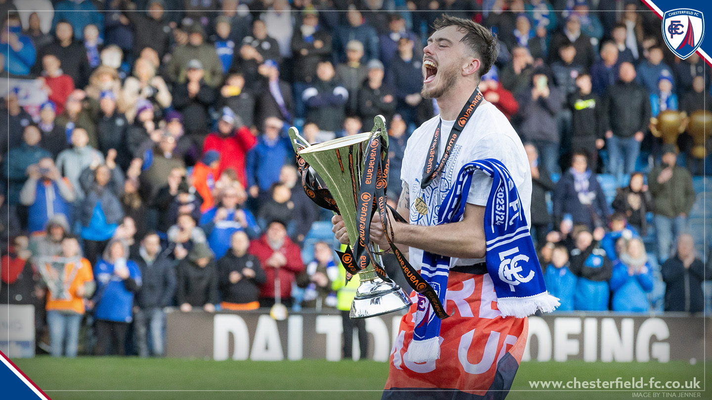 Goalkeeper, Harry Tyrer celebrating Chesterfield's promotion to the Football League