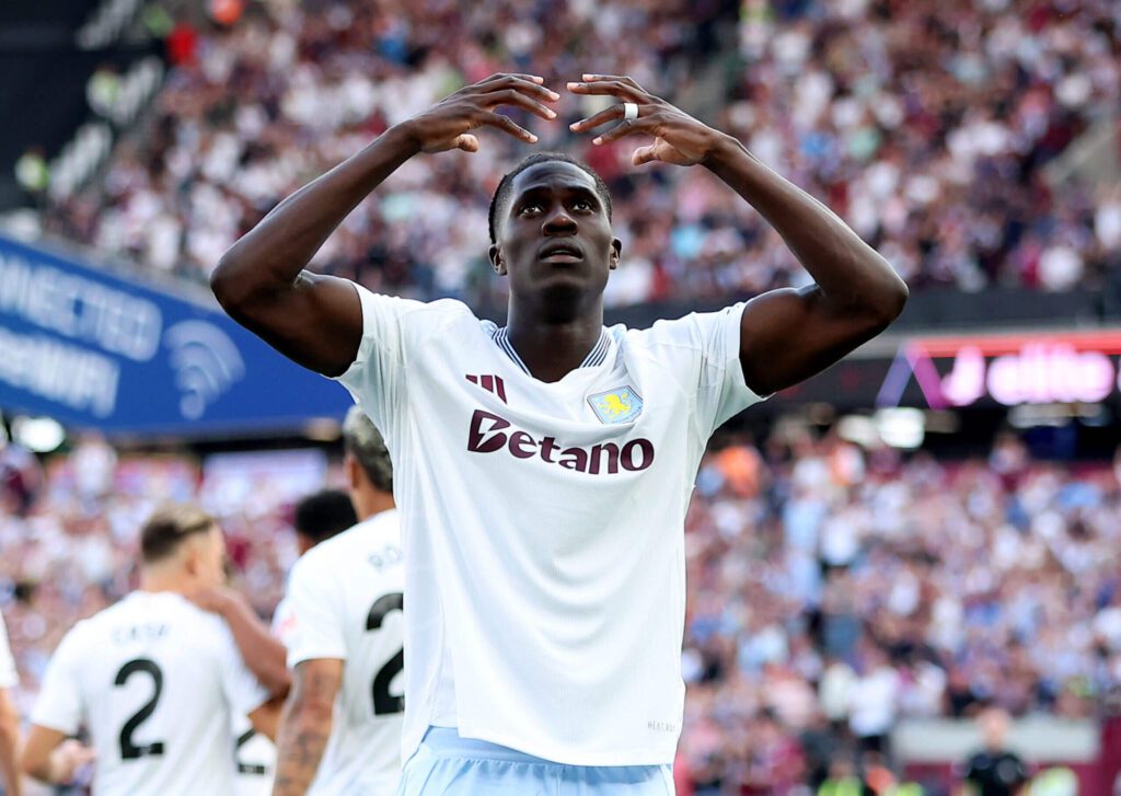 Former Everton midfielder Amadou Onana in celebrating with his new club Aston Villa.
