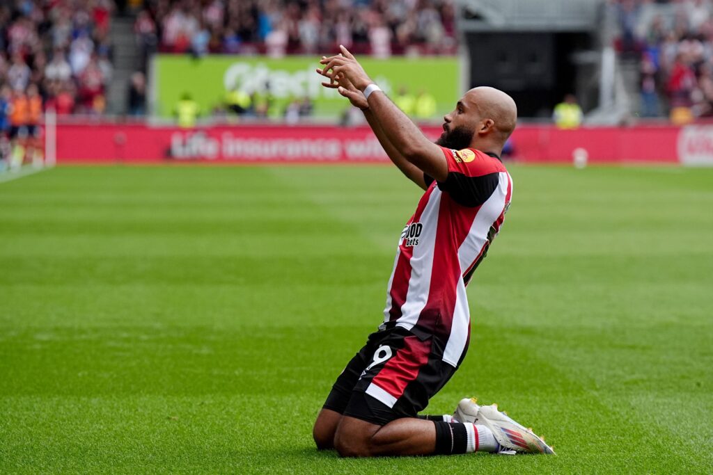 Bryan Mbeumo celebrating a goal for Brentford earlier this season.