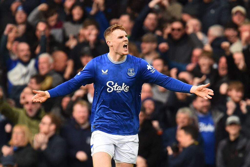 Jake O'Brien celebrating one of his goals for Everton.