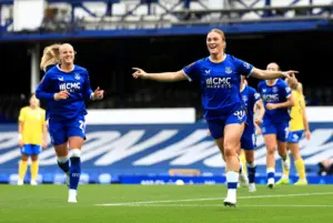 LIVERPOOL, ENGLAND - OCTOBER 04: Ruby Mace of Everton celebrates scoring her team’s first goal during the Barclays Women’s Super League 2026/27 match between Everton and Birmingham City at Goodison Park on October 04, 2026 in Liverpool, England. (Photo by Jess Hornby - WSL/WSL Football via Getty Images) WSL Football via Getty Images